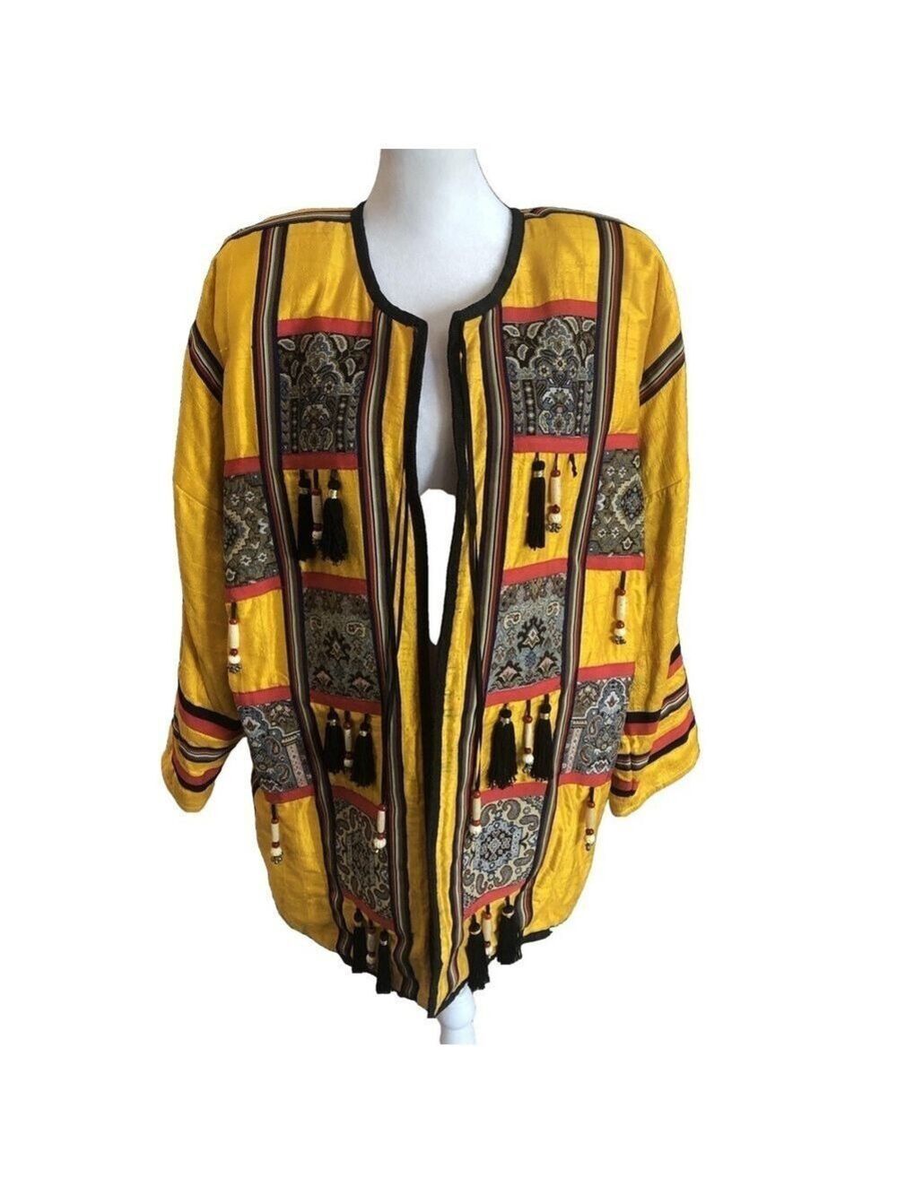 J A Resorts Size S Silk Yellow and Black Open Front Jacket with Tassels